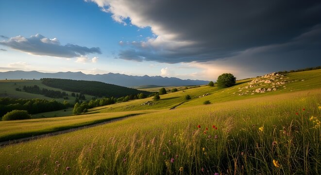 Stormy skies over rolling green hills at sunset