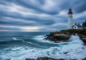 Obraz premium Majestic lighthouse by the ocean at sunset with dramatic clouds and crashing waves for coastal photography