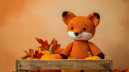 Adorable knitted fox sits in wooden crate surrounded by fall leaves and pumpkins on warm backdrop, evoking cozy, autumnal atmosphere.