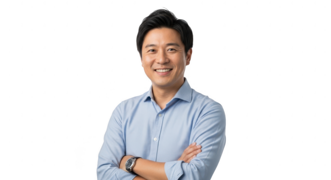 Confident Smile: A portrait of a friendly man with crossed arms, radiating confidence and approachability, offering a glimpse into professional and interpersonal charm.