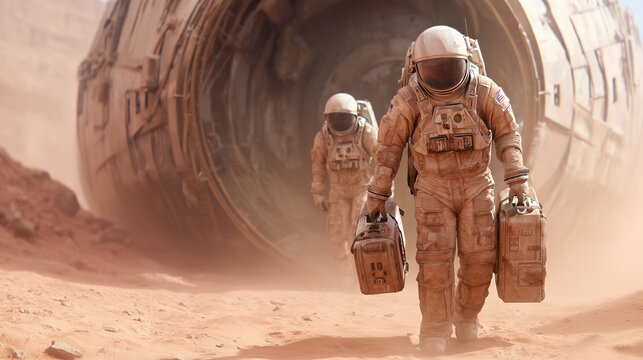 Two astronauts in space suits walk carefully through a dusty, reddish terrain, carrying equipment as they approach a large, damaged spacecraft. The scene conveys a sense of exploration and adventure