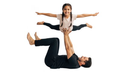 Acrobatic Bliss: A father and daughter, showcasing a heartwarming display of trust and teamwork, perform an acrobatic pose, their faces beaming with happiness.