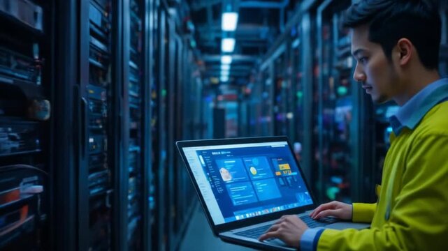 In a data center, a male IT technician runs a maintenance program on a laptop, ensuring the optimal functioning of an operational server rack. 4k video