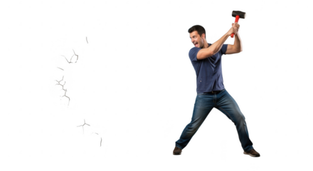 Man Swings Hammer: A man in casual attire swings a large hammer with focused determination. A moment captured of strength and action.