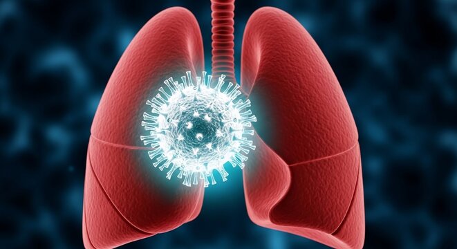 Illustration of human lungs with a virus particle centered between the two lobes anatomy health