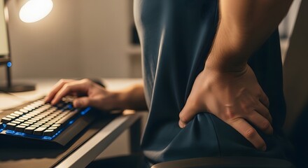 Man experiencing back pain while using computer in office setting - health and ergonomics concept