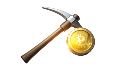 Bitcoin mining concept with pickaxe and golden coin isolated on transparent background, illustrating the process of generating new bitcoins