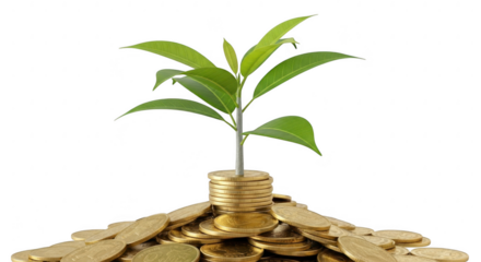 Golden Growth: A vibrant plant sprouts from a stack of glistening coins, symbolizing financial prosperity and growth. This image is a perfect representation of wealth and opportunity.