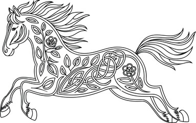 Elegant vector illustration of a tribal horse silhouette design with flowing hair and a decorative flower
