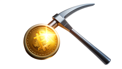Bitcoin mining concept with pickaxe and golden coin isolated on transparent background, illustrating the process of generating new bitcoins