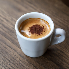 Obraz premium White cup of espresso with cocoa powder on wooden table