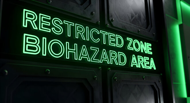 Illuminated Sign Indicating Restricted Biohazard Area with Neon Green Letters Displayed