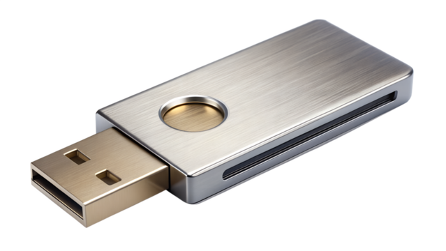 Silver usb drive isolated on transparent background, a portable storage device for data transfer and backup, showcasing modern technology and convenience