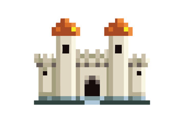 Medieval fantasy castle pixel art icon. game graphic element isolated on white background. ancient stone fortress illustration.