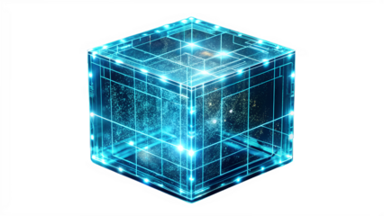A luminous blue cube with intricate internal network isolated on transparent background, symbolizing advanced technology and interconnected systems
