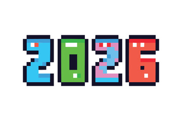 2026 pixel art. 2026 numbers in pixelated geometric shape. modern digital pixelated graphic art for web banner or game.
