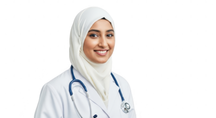 Portrait of Compassion: A portrait of a female doctor of Middle Eastern descent, radiating empathy and expertise in her medical practice. Wearing a hijab, a symbol of her cultural identity.
