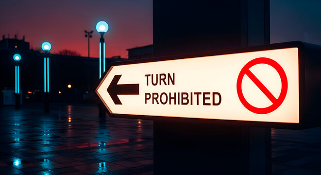 Illuminated Turn Prohibited Sign Directing Traffic In A Wet City Nightscape Scene