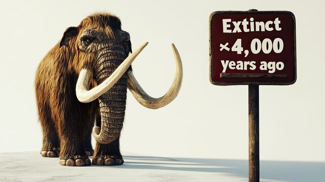 a wooly mammoth in prehistoric times, beside there is a sign that says "Extinct ~4,000 years ago"