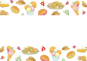 A decorative seamless vector border of hand-drawn Italian desserts. The design features ice cream, tiramisu, and pastries with berries and blossoms, making it perfect for menus