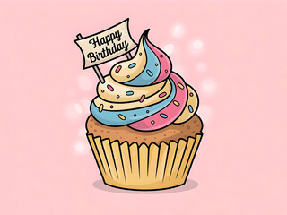 Cartoon birthday cupcake with multicolored frosting, sprinkles, and a Happy Birthday banner on a pink background.
