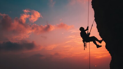 Muscular climber man in protective helmet abseiling from cliff rock wall using rope Belay device and climbing harness on evening sunset sky background. Active extreme sports time spending concept.