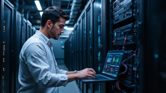 In a data center, a male IT technician runs a maintenance program on a laptop, ensuring the optimal functioning of an operational server rack. 4k video