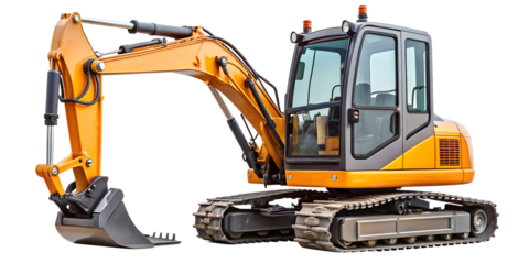 Yellow excavator isolated on transparent background is a heavy equipment machine used in construction, mining, and other industries for digging and moving materials