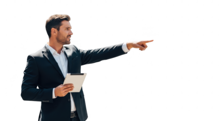 Business Presentation: A smartly dressed businessman, holding a tablet, confidently points to the side.