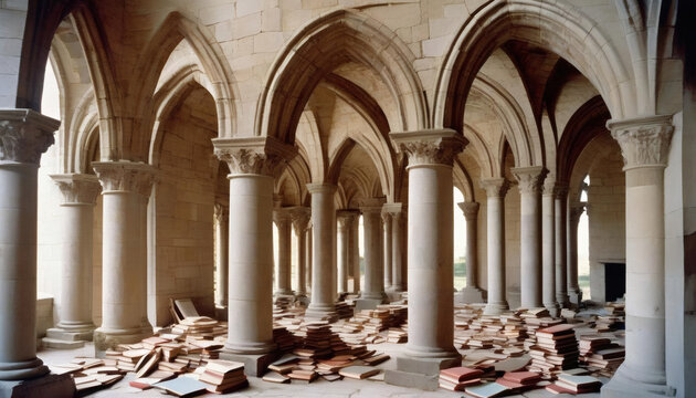 Abandoned Gothic monastery cloister with scattered debris and arched columns