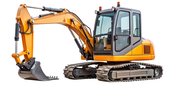 Yellow excavator isolated on transparent background is a heavy equipment machine used in construction, mining, and other industries for digging and moving materials