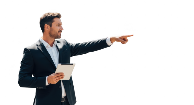 Business Presentation: A smartly dressed businessman, holding a tablet, confidently points to the side.