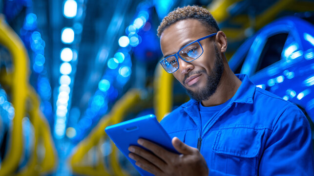 A skilled worker wearing blue overalls and glasses is focused on using a tablet inside a car manufacturing facility. Bright lights illuminate the area, showcasing the modern production environment