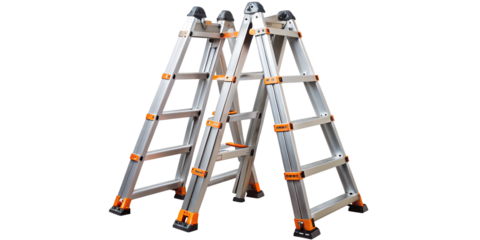 Multi purpose aluminum ladder isolated on transparent background, convertible to aframe, extension, 90degree, trestleandplank, stairway configurations