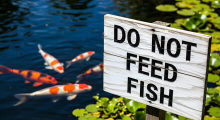 Koi In A Serene Pond With A Sign Prohibiting Feeding, Capturing Nature's Rule