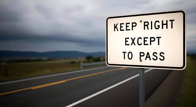 Keep Right Except To Pass Road Sign On A Highway with a Moody and Cloudy Sky