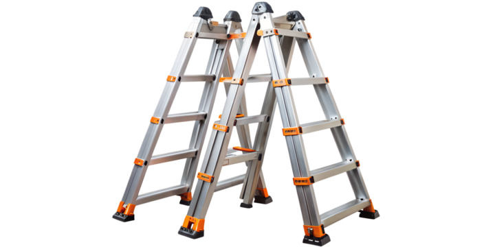 Multi purpose aluminum ladder isolated on transparent background, convertible to aframe, extension, 90degree, trestleandplank, stairway configurations