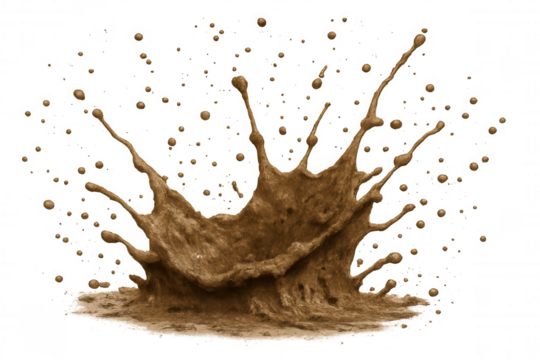 Mud splashing, brown liquid exploding with many drops, dirt splatter creating a dynamic crown shape on transparent background - Powered by Adobe