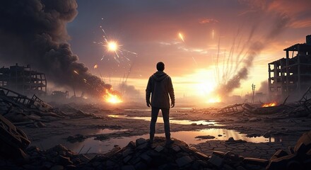 Fototapeta premium Man Stands Alone Amidst War Torn Cityscape