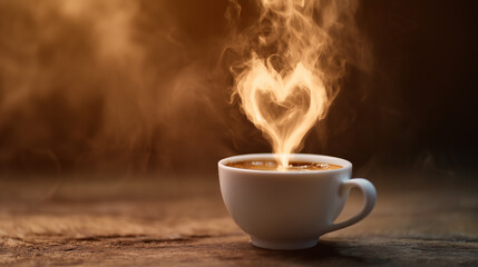Obraz premium A white cup of coffee sits on a wooden table, releasing steam that forms a heart shape. The warm, inviting scene creates a cozy feeling perfect for relaxation and enjoyment