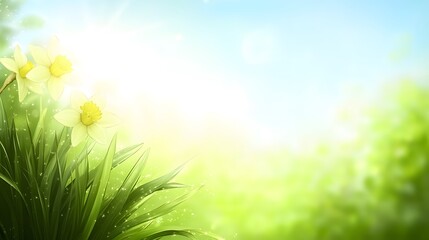 Obraz premium Spring daffodils with green grass and sunlight, fresh springtime season nature background