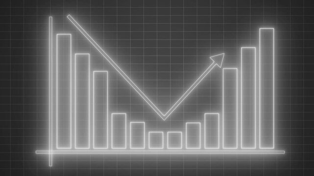 Neon Bar Chart with Downward Trend Arrow, Corporate Business Report Animation Featuring Neon Glowing Bar Graph Elements