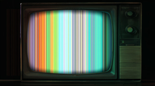A retro television sits in a dark room, its screen filled with colorful vertical stripes of static noise. The scene evokes nostalgia and an interest in old technology from the past - Powered by Adobe