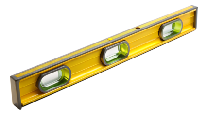 Yellow spirit level isolated on transparent background, a tool used to indicate whether a surface is level or plumb, ensuring accurate measurements and alignment