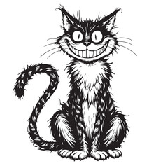 Grinning Cartoon Cat Vector — Black and White Whimsical Illustration of Spiky-Furred Cat with Wide Eyes and Mischievous Smile