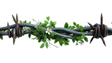PNG of A barbed wire entwined with lush green leaves and delicate flowers, symbolizing resilience and beauty amidst harshness.