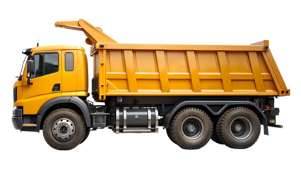 Yellow dump truck isolated on transparent background, a heavyduty vehicle designed for transporting and unloading bulk materials like gravel, sand, or construction debris