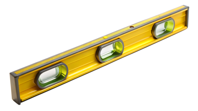 Yellow spirit level isolated on transparent background, a tool used to indicate whether a surface is level or plumb, ensuring accurate measurements and alignment