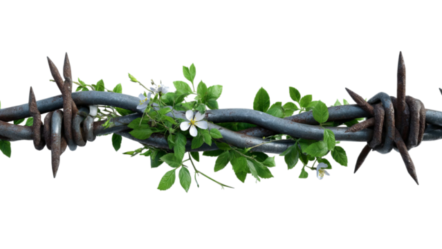 PNG of A barbed wire entwined with lush green leaves and delicate flowers, symbolizing resilience and beauty amidst harshness.