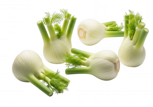 White bulbous vegetables with green fronds isolated on a transparent background
